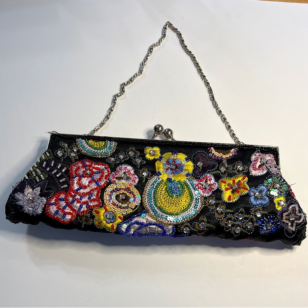 Vintage Embroidered Floral Sequined Clutch Bag On Black Satin & A Chain Strap